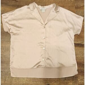 Rachel Zoe Champagne Short Sleeve Button-Up Silky Loose Fit Blouse